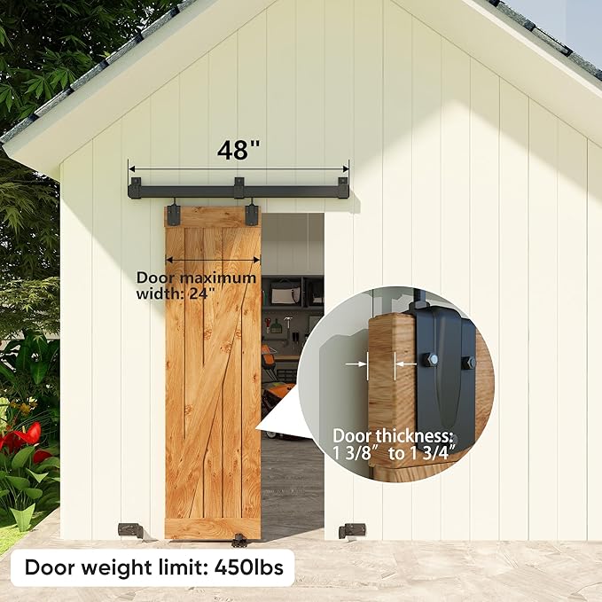 JUBEST 4FT Box Rail Exterior Barn Door Hardware Kit, Heavy-Duty Black Sliding Barn Door Track System, Wall Mount Door Hardware Kits (Door Not Included)