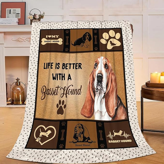 Basset Hound Blanket Dog Throw Blanket Soft Warm Cozy Fuzzy Plush Dogs Throw Blanket Bedding Gifts for Dog Lover Girls Women Fleece Flannel Gift Blankets for Kids Adults 40"X50"