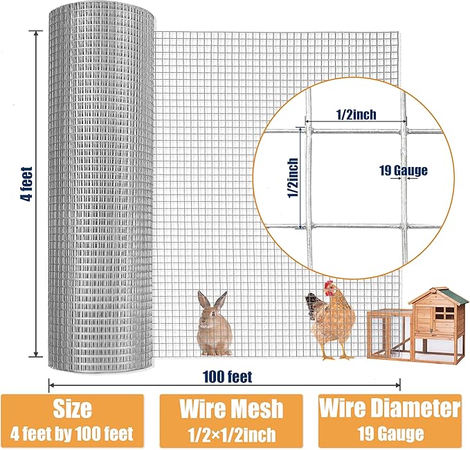 1/2inch 48Inch（H）x100Ft（L）19 Gauge Hardware Cloth Chicken Wire Fencing Hot-Dipped Galvanized Welded Chicken Wire Mesh Roll Metal Fence for Poultry Cage Home Improvement Projects