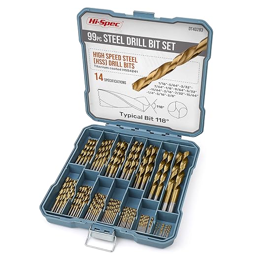 Hi-Spec Tools Drill Bit Set 99pc SAE HSS Steel for Drill Drivers - 1/16 to 3/8" Drill Bits for Metal, Plastics, Wood, Drywall - Complete Bits Sets with Storage Holder Case