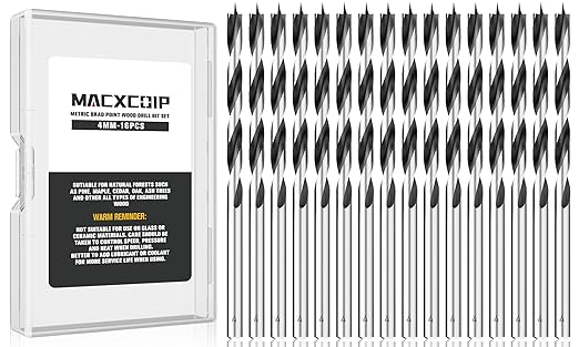 4MM Metric Brad Point Wood Drill Bit Set, 16Pcs Drill Bit Set with Double Flutes Design for Carpenter Woodworking and All Types of Wood