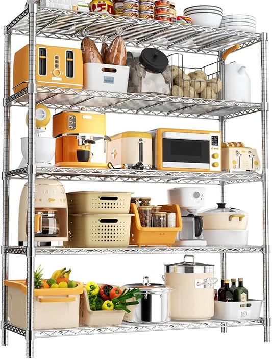 Storage Shelves, 48" L x 20" W x 72" H Heavy Duty Garage Wire Shelving Unit Loads 2000LBS, 5-Tier Adjustable Metal Industrial Utility Shelf Rack for Kitchen, Laundry Room, Basement