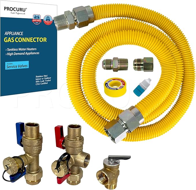 PROCURU 1" OD x 72" (6Ft) x 3/4"MIP x 3/4"FIP Flexible Gas Connector Kit with Service Valve Kit (Sweat), WP Stainless Steel MaxFlow High Capacity Tubing for Tankless Water Heater (Blue-D2 Series)