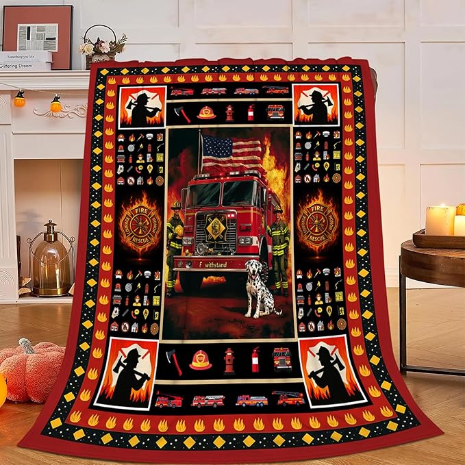 Firefighter Blanket, Fire Fighter Throw Blanket, Fireman Gifts Blankets Stuff Fleece Flannel Plush for Men Boys Women Girls Lovers Adults Soft Bedding Gift for Sofa Bed Office Home Decor 80"x60"