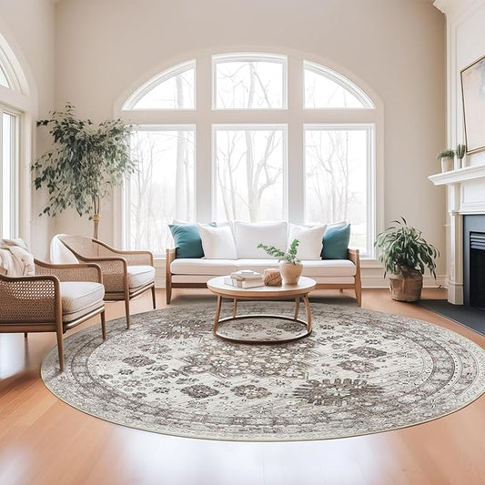 zesthome 8ft Round Rugs for Living Room, Non-Slip Washable Round Area Rugs, Ultra-Thin Large Circle Rugs, Soft Low Pile Rug for Bedroom, Kitchen - Vintage Stain Resistant Round Rug (Brown/Beige,8'x8')