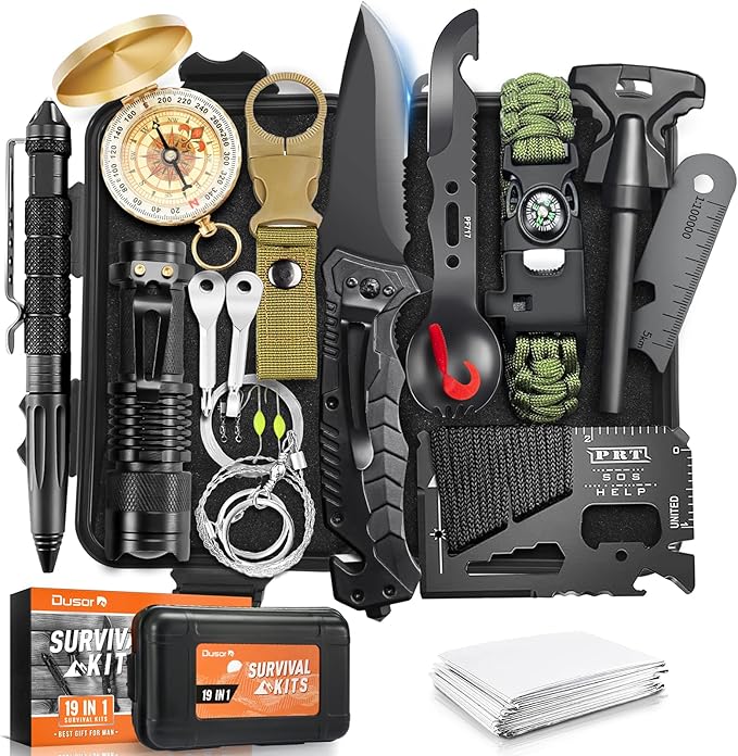 Dusor 19 in 1 Survival Kit Stocking Stuffers for Men, Mens Gift for Christmas 2025, Hunting Fishing Accessories Gifts, Camping Essentials Gifts for Men Who Have Everything, Survival Gear and Supplies