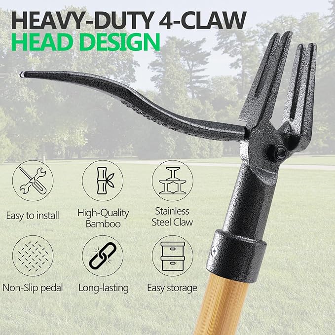 Weed Puller Tool, Stand Up Heavy Duty Root Removal Tool with 4-Claw Head & Long Handle, Garden Hand Weeding Tool - Easily Remove Weeds Without Bending, Pulling,or Kneeling