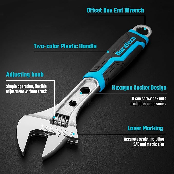 DURATECH 12 Inch Adjustable Wrench, 3-in-1 Spanner with Box End/Hex Function, CR-V Steel, Metric & SAE Scales, Chrome-plated, Bi-material soft Grip