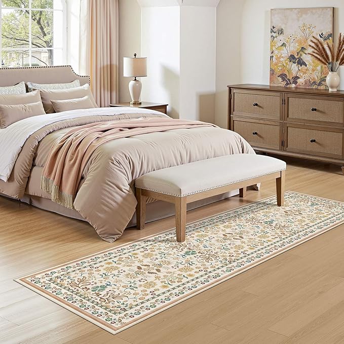 Runner Rug for Hallways Kitchen: 2x6 Washable Area Rug Boho Floral Soft Long Rug - Non-Slip Low Pile Throw Indoor Carpet for Entryway Kitchen Bedroom Laundry Bathroom - Brown