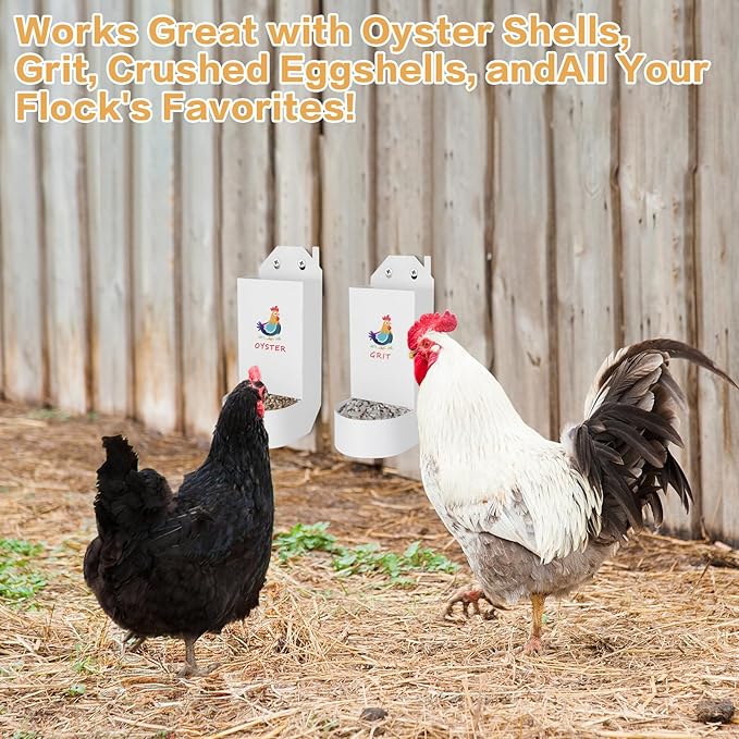 Chicken Grit and Oyster Shell Feeder,Metal Automatic Chicken Feeder,Chicken coop Accessories Poultry feeders, Suitable for Quail, Pigeons, Doves, Chicks, and Adult Chickens（2 Pcs White）