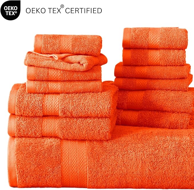 Lane Linen 100% Mercerized Cotton Bathroom Towel Set - 16 Pieces - Fluffy, Super Soft & Highly Absorbent - 4 Bath Towels, 8 Washcloths, 4 Hand Towels - RingSpun, Double Sided Cotton Terry - Tiger Lily