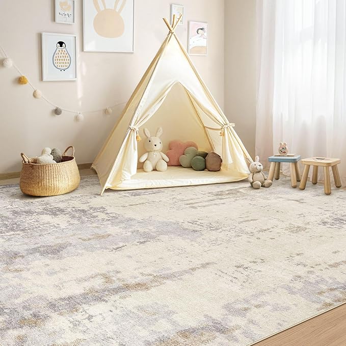 Area Rug Living Room Rugs - Washable Neutral Modern Abstract Soft Thin Large Rug Indoor Floor No Slip Rug Carpet for Bedroom Under Dining Table Home Office Decor-Light Brown/Gray-7'x 9'