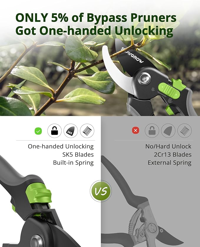 Pruning Shears for Gardening - 8.5" SK5 Garden Shears Cuts 10000+ Times Staying Sharp - Garden Scissors with One-handed Unlocking & Adjustable Handle- Garden Clippers Gardening Tools for Men Women
