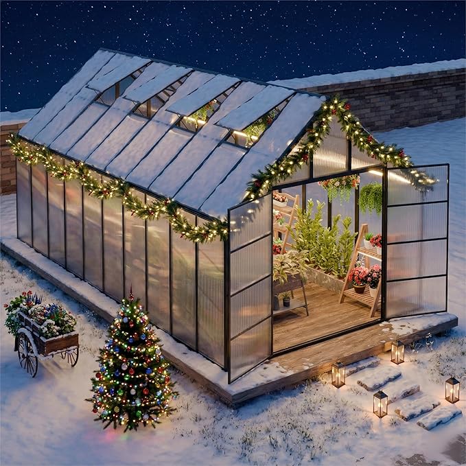 10'x10'x20' Snap-Together Greenhouse - Easy 3-Way Connectors, Heavy-Duty Aluminum Frame, Wind/Snow Resistant for Gardening/Urban Farming, Includes Sliding Door & Ventilation Windows