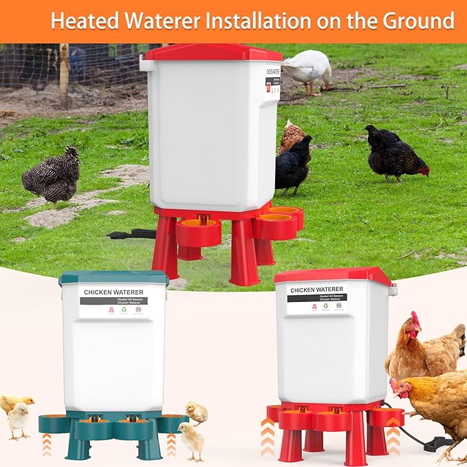 Heated Chicken Waterer, Plastic Chicken Water Heater, Anti-Freeze Heated Poultry Drinker with 4 Cups, Winter and Summer Dual-use, Poultry Water Heater for Chickens, Ducks, Geese - Red 7L