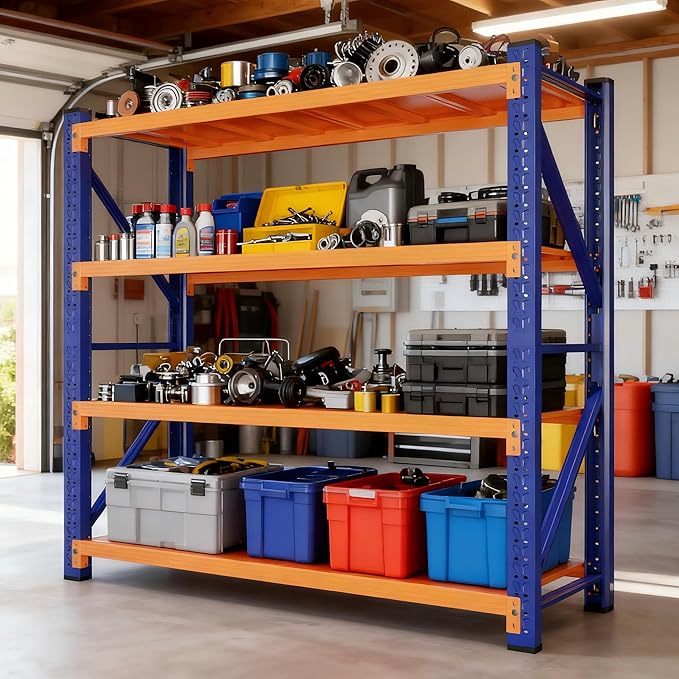 4-Tier Storage Shelves,79" H Heavy-Duty Garage Shelving Unit,Adjustable Metal Industrial Shelf System,3,500lbs Capacity,Tool Organizer for Garage,Workshop,48" W x 20" D x 79" H,Blue&Orange