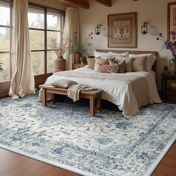 Area Rugs 6'x8' Washable Non-Slip, Floral Vintage Distress Print Pattern Medallion Carpet for Living Room Bedroom Dining Room, Light Blue Navy Beige Gray White