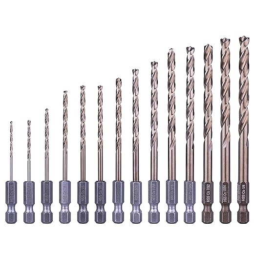 NordWolf 14-Piece M35 Cobalt Drill Bit Set for Stainless Steel, Hard Metals & Cast Iron, Jobber Length with 1/4" Hex Shank, SAE Sizes 1/16" to 1/4"