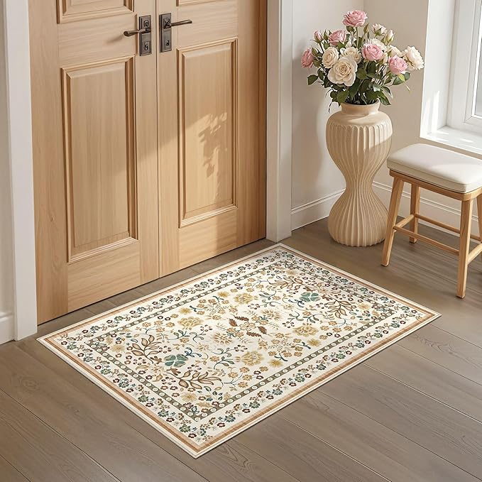 Door Mat Entrance Rug: 2x3 Washable Area Rug Boho Floral Small Rug - Non-Slip Low Pile Throw Indoor Carpet for Entryway Kitchen Front Door Bathroom Entry Kids Room - Brown