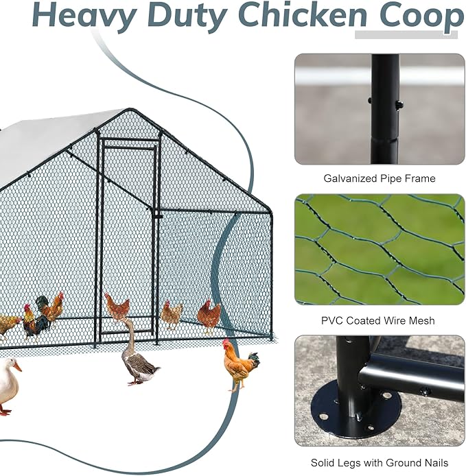 VINGLI Chicken Coop, Large Metal Poultry Cage for Chicken Run, Walk-in Chicken Pen with Waterproof & Anti-UV Cover Outdoor (Black-Spire Roof, 6.5 * 9.8 * 6.5 ft)