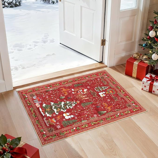 Christmas Entryway Area Rug: 2x3 Washable Neutral Modern Non-Slip Low Pile Festive Carpet for Entrance Kitchen Front Door Mat Kids Room Indoor Entry Holiday Decor - Red