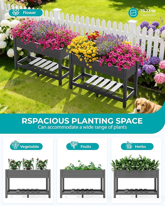 SERWALL Raised Garden Bed Set of 2, HDPE Raised Bed for Gardening All Weather Use- Grey