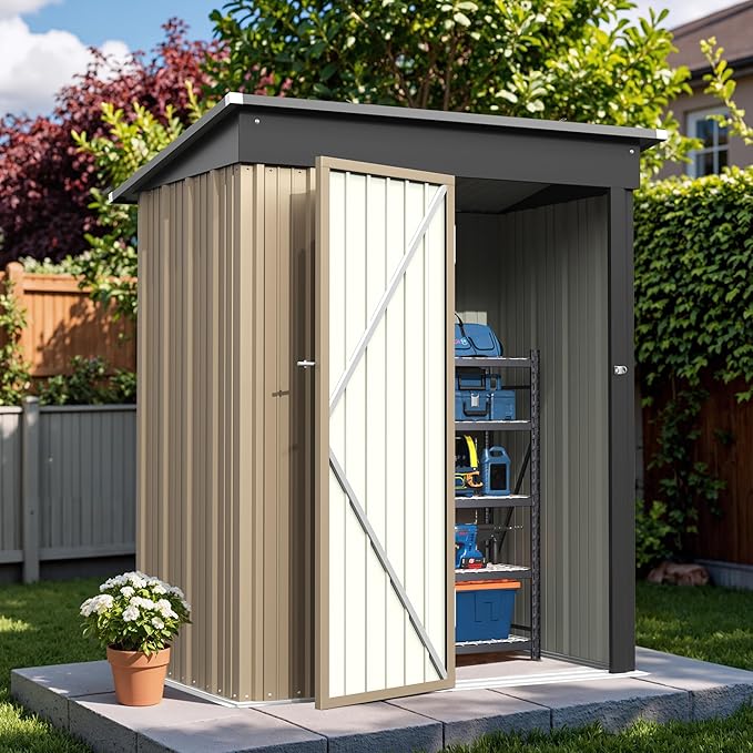 Greesum Outdoor Storage Shed 5 x 3 ft. Utility Tool Shed Metal Storage Garden Shed with Door & Lock for Patio Storage, Brown
