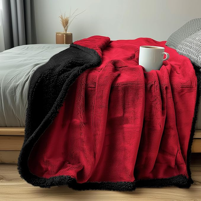 Waterproof Queen Size Blanket - Sherpa Fleece Reversible Throw, Soft Warm Leak-Proof Bed & Couch Protector for Kids, Pets & Everyday Spills (Velvet Red/Obsidian Black, Queen 90x90)