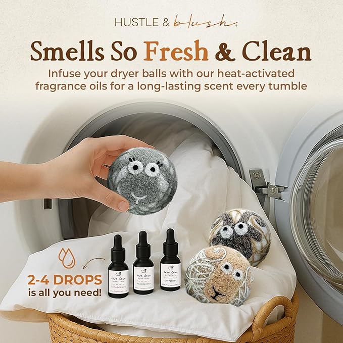 Hustle & Blush Fluff Ewes Wool Dryer Balls 3 Pack - XL Lights Premium New Zealand Laundry Set, Reduces Drying Time, Static Control, Chemical Free, Ideal Holiday Gifts for Women & Men