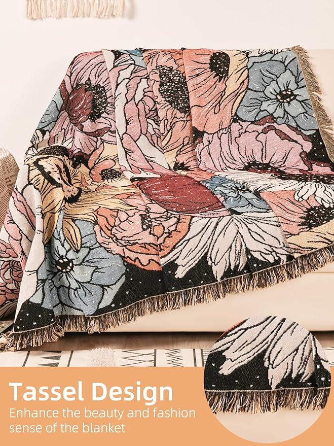 Boho Throw Blanket for Bed Couch Sofa Reversible Cotton Bohemian Travel Boho Quilt Mexican Muslin Blanket Tapestry Hippie Room Decor Outdoor Blanket Double Sided (Boho Flower Dark 60"x80")