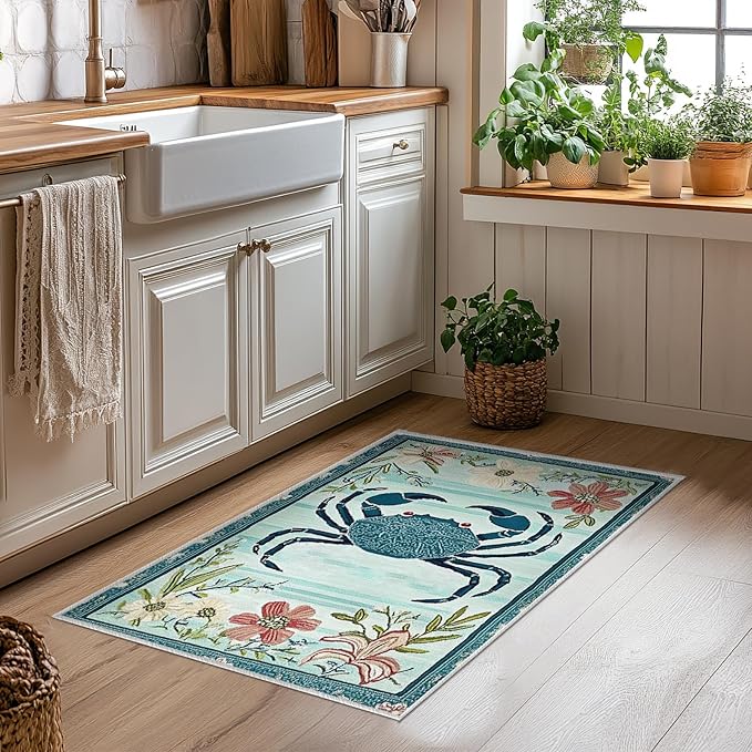 2x3 Crab Area Rugs Boho Teal Rug for Bathroom Kitchen Entryway Indoor Soft Non-Slip Thin Hippie Carpet Small Floral Doormat for Office Dining Room Home Decor Under Table Washable Machine