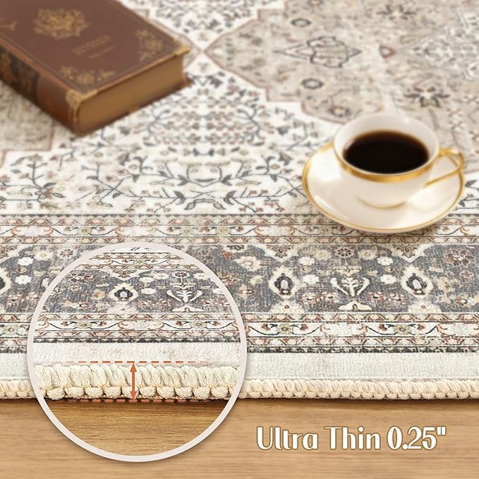 Washable 3x14 Hallway Runner Rug - Vintage Floral Stain & Fade Resistant Non-Slip Backing Ultra-Thin Long Carpet for Entryway, Bedroom, Kitchen, Corridor Decor (Camel/Beige)