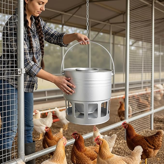 KOL Hanging Chicken Feeder – 20lbs Metal Chicken Feeder, Adjustable Poultry Feeder with 12 Ports, No Installation & Universal Height Design (Silver)