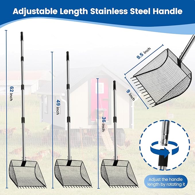 Chicken Poop Scooper for Sand, 2-in-1 Rake & Pooper Scooper with Large Sifting Shovel, Adjustable Stainless Steel Handle (36"-62"), Chicken Coop Litter Scoop & Cleaning Tool for Farm Animals
