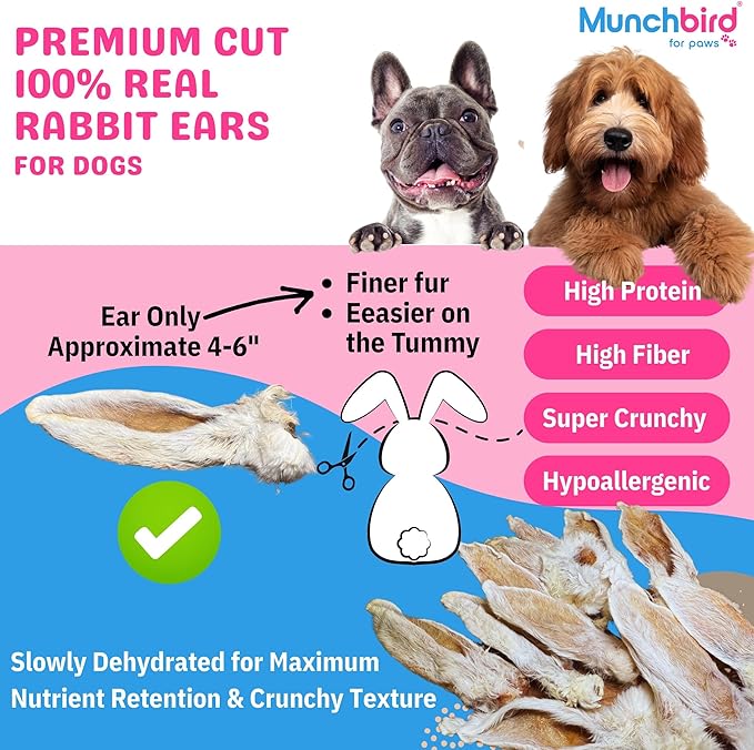 Munchbird Dehydrated Rabbit Ears 100g (3.5 oz) 12-15 pcs for Dogs, European Furry Rabbit Ear Natural Fiber for Pets, Rawhide Free Alternative to Pig Ears Dog Treats, Ear Size Varies