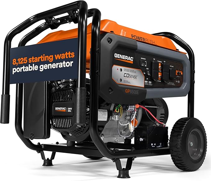Generac 8,125 Starting Watt Gas-Powered Portable Generator - COsense Technology - PowerRush Advanced Technology - Reliable Power for Emergencies, Recreation, Home - 49 State Compliant