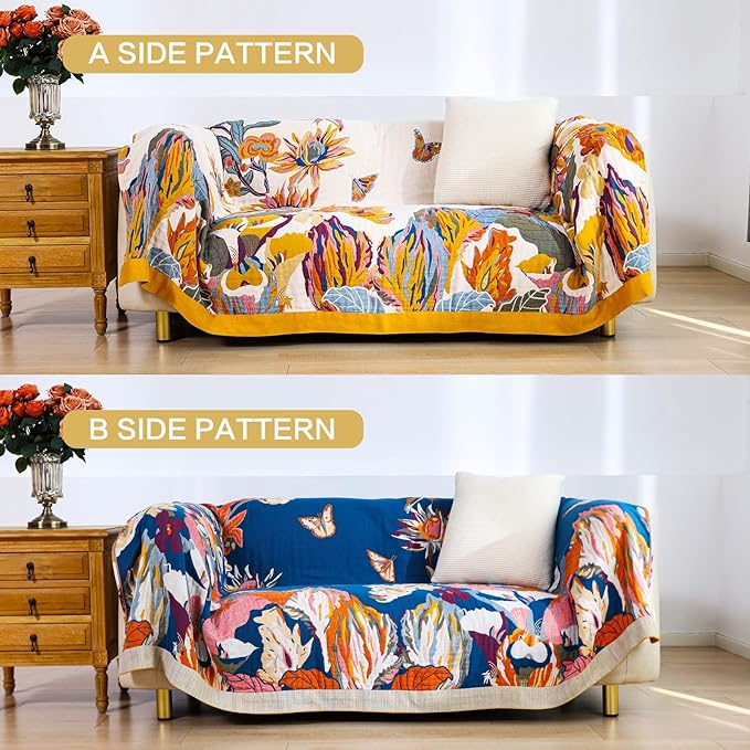Boho Throw Blanket 60" x 80", 100% Organic Cotton Skin-Friendly Lightweight Ultra Soft Bed Quilt Throw - Fall Floral Butterfly Farmhouse Decor Blanket for Sofa Couch Chair and Gift.