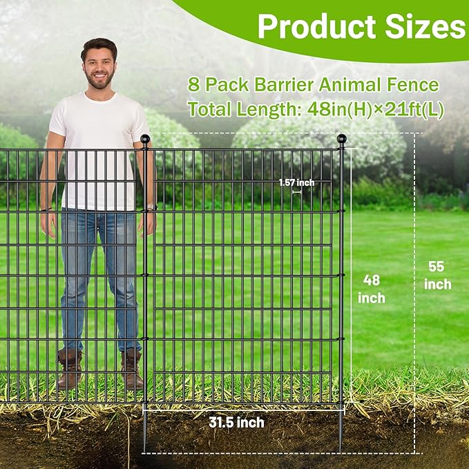 8 Panels No Dig Decorative Outdoor Garden Fence with Gate for Yard, 48 in(H) X 21 ft(L) Animal Barrier Fencing Rustproof Metal Wire Panel Border for Dog, Rabbits, and Patio Temporary Ground Stakes