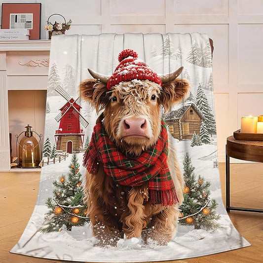 Highland Cow Blanket Christmas Cattle Throw Blanket Winter Snow Soft Cozy Fleece Fuzzy Stuffed Plush Farm Animal Flannel Gifts for Girls Women Boys Kids Adults 50"X60"