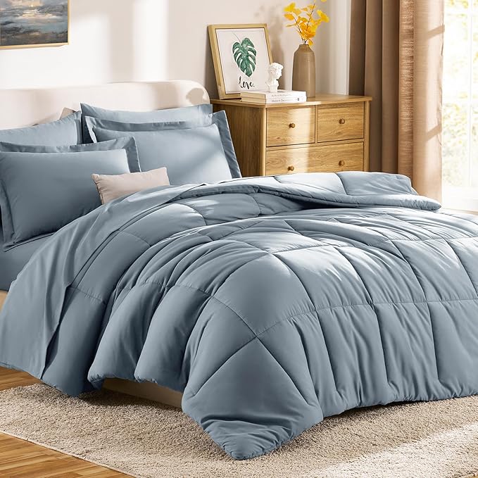 CozyLux Queen Comforter Set Grayish Blue, 7 Pieces Bed in a Bag Queen, All Season Breathable Bedding Sets,Oeko-Tex Certified Bed Set with Down Alternative Comforter, Sheets, Pillowcases & Pillow shams