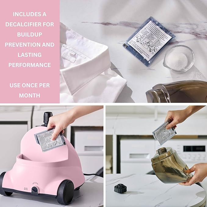 SALAV GS18-DJ Standing Garment Steamer with Roll Wheels for Easy Movement, 1.8L Water Tank for 1 Hour Continuous Steaming, Adjustable Pole for Storage, Includes Descaler Packet, 1500 watts - Pink