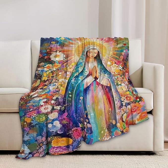 Virgin Mary Blanket Catholic Christian Throw Blankets Religious Gifts for Women Men Faith Prayer Soft Cozy Fleece Plush for Couch Sofa Bed 50"x40"