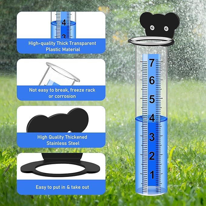 Rain Gauge Outdoor, Rain Gauge Replacement Tube with Stainless Steel Mounting Rack Holder, 7" Clear Large Numbers Rain Gauge Measuring Tool for Garden Yard Lawn Patio Yard Fence and Farm Use (Bear)