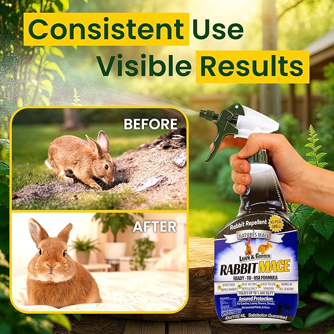 Nature’s Mace Rabbit MACE, Deterrent for Yard, Rabbit Repellent Outdoor, Mint Rabbit Spray, Garden, Lawn, Keep Rabbits Out, 40 oz Ready to Use, Covers 1,400 Sq Ft, Safe Around People, Pets, Plants