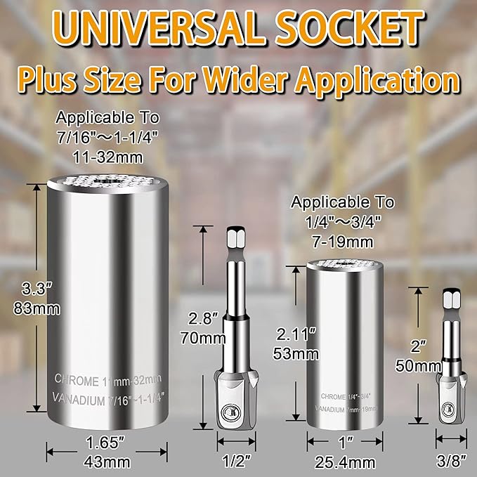 Universal Socket Wrench Set (11-32mm 7-19mm),super socket unscrew any bolt,Professional Sockets Tools with Power Drill & 3/8 inch Ratchet Wrench Adapter Chrome Vanadium Steel