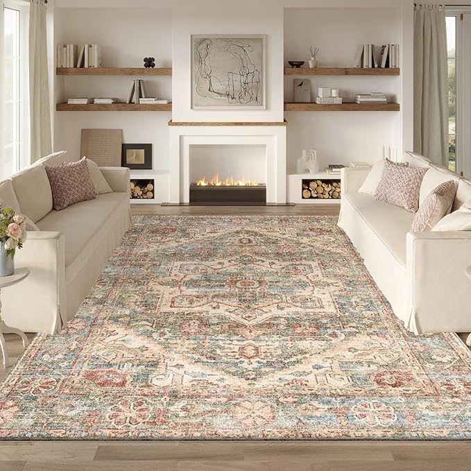 Area Rug 5x7 Living Room,Machine Washable Rugs,Stain Resistant Soft Thin Non-Slip Floral Carpet,Green Boho Vintage Home Decor,for Indoor Bedroom,Office,Farmhouse,Dining,Dorm