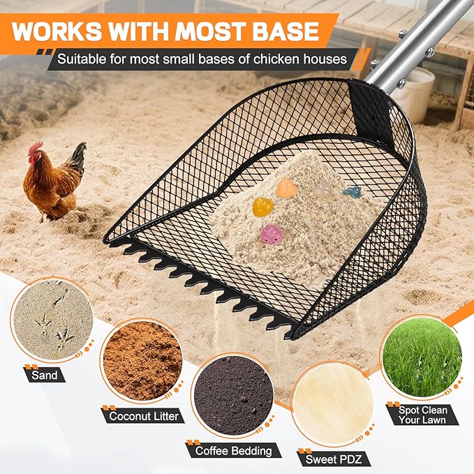 Metal Chicken Poop Scooper and Rake 2-in-1, Poop Chicken Scoop Sand with Stainless Steel Handle (43-73" Adjustable), Sifter Shovel Chicken Coop Sand Rake for Chicken Coops & Farm Animals