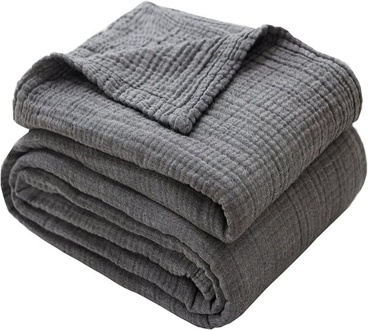 Boho Throw Blanket, 100% Cotton Ultra Soft Luxury Throw Rustic Quilt, Muslin Breathable Soft Bed Throw ，All Throw for Sofa Couch Chair 60×80 Inch (Grey Cotton Blanket 80x90 Inch, 80x90 Inch)