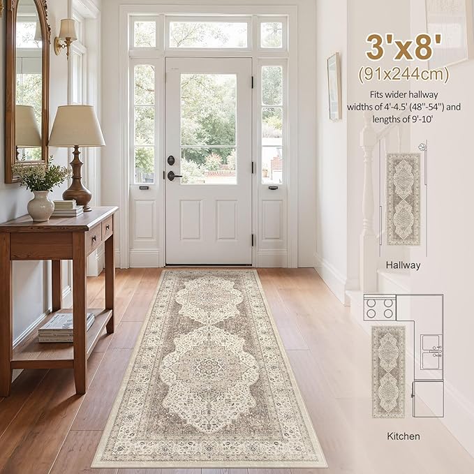 Washable Rug 3x8 Area Rugs for Entryway Bedroom Dining Room Home Office Floor Decor -Stain & Fade Resistant Non Slip Backing Carpet,Ultra-Thin Vintage Large Carpets (Brown/Beige)