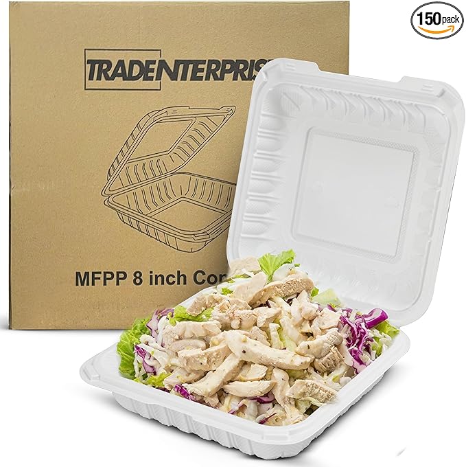 To Go Food Containers, Reusable 150 Pack 8 Inch 3 Compartment White Clamshell Take Out Food Boxes MFPP Meal Prep Container BPA Free Microwave Freezer Safe Plastic Hinged 34 OZ